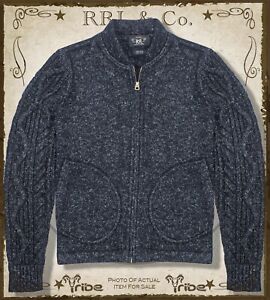 RRL Ralph Lauren Men's Black Guernsey Aran Knit Wool-Linen Zip-up Sweater Jacket