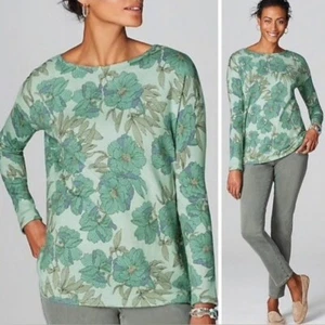 J. Jill Floral Knit Sweater Women's XL Mint Green Teal Boatneck Oversize NWOT - Picture 1 of 11