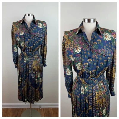 Винтажный Leslie Fay темно-синий цветочный пейсли цветочный плиссированные длинным рукавом платье - Изображение 1 из 4
