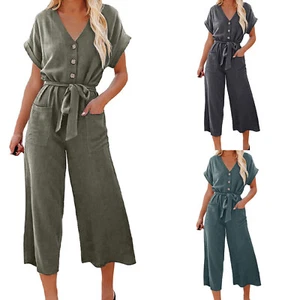 Women Casual V Neck Short Sleeve Button Pocketed Wide Leg Overall Jumpsuits - Picture 1 of 58