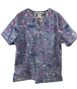 SB Scrubs Womens XL Breast Cancer Pink Ribbon Hearts Hope Periwinkle 2 Pocket - Picture 1 of 7