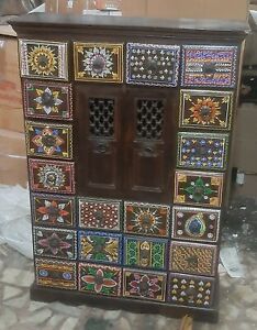 Wooden hand carved cabinet multi color ceramic tiles bedside cupboard furniture 