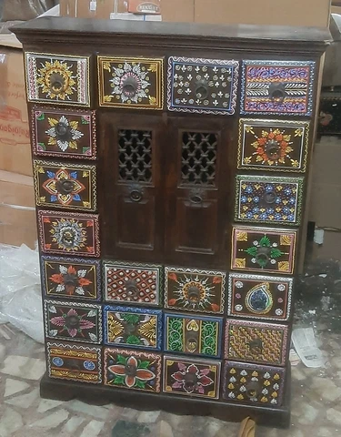 Wooden hand carved cabinet multi color ceramic tiles bedside cupboard furniture Cover
