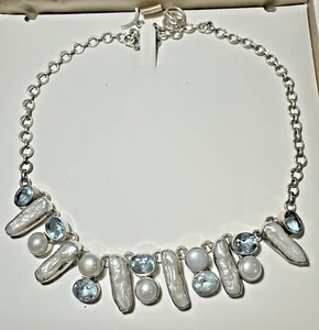 Grosso Pendente Argento Sterling Perla Bianca Blu Sfaccettato Topazio 50g - Foto 1 di 9