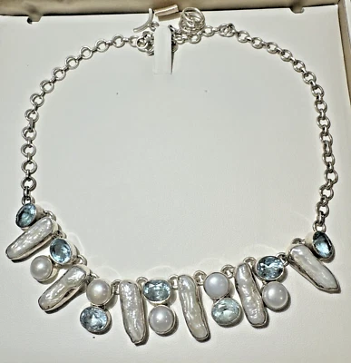 Grosso Pendente Argento Sterling Perla Bianca Blu Sfaccettato Topazio 50g - Immagine 1 di 4