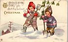 Vintage Christmas Postcard Boys with Snow Shovels Signed Margaret Evans Price