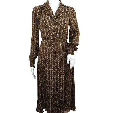Trina Turk Chain Link Print Wrap Dress Size XS Brown Gold Silk Blend V-Neck - Image 1 of 4
