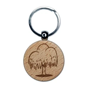 Hand Drawn Weeping Willow Droopy Tree Engraved Wood Round Keychain Tag Charm - Picture 1 of 6