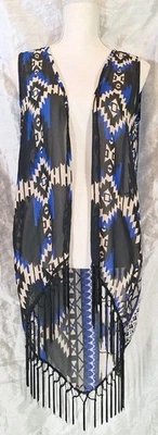 Rue 21 SzM Open Front Semi-Sheer Chiffon Fringed Duster Vest Aztec Boho Tribal - Image 1 of 4