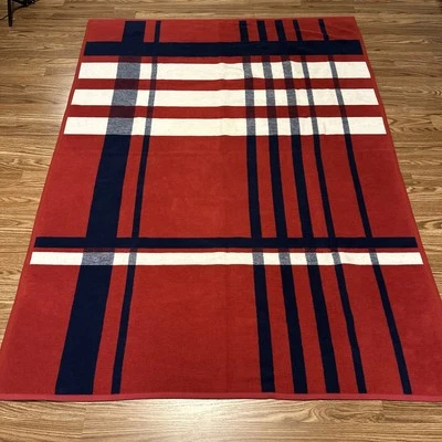 Ibena Fleece Blanket Germany Reversible Blue Red White Cozy Throw Stripes 73x56 - Image 1 of 4