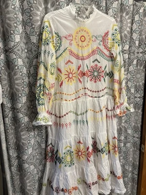 ZARA Embroidered Maxi Dress Size XS White High Neck Long Sleeve Aztec - Image 1 of 4