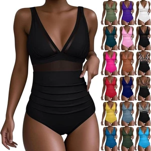 Women's Mesh Swimsuit One Piece Swimsuit Tummy Control Swimwear Push Up Padded - Picture 1 of 24