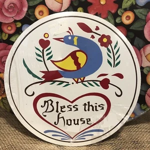 Vintage NEW Bless This House Blue Red Bird Heart PA Dutch Round Folk Art Sign - Picture 1 of 9