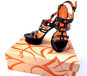 Tacones de sandalia de cuero negro con tiras Via Spiga Gwena con corte geométrico talla 9M - Imagen 1 de 15