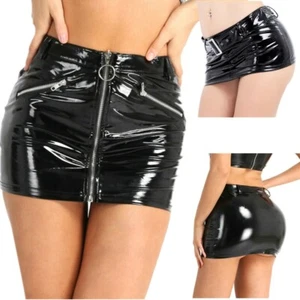 Sexy Womens Pencil Skirt PVC Leather Vinyl Skinny Zipper Open Bodycon Mini AU - Picture 1 of 26