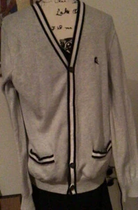 Express Men's Button Up Cardigan Sweater Gray Front Pockets Lion Logo Size M - Picture 1 of 3