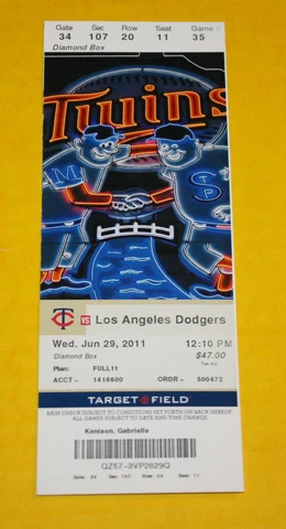 Minnesota Twins Ticket Stub | June 29 2011 | Joe Mauer Jim Thome Hit Cover