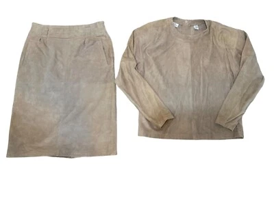Suede Leather Skirt Jacket Suit Womens 6 Brown Tan Midi Long Sleeves Vintage 90s - Image 1 of 4