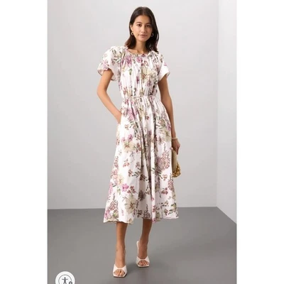 Vestido Adam Lippes Floral Fruncido Marfil Rosa Midi Manga Corta Bolsillos Talla 8 Foto 1 de 4
