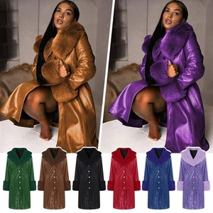 S-5XL Women Winter Leather Coat Collar Lapel Long Sleeve PU Zipper Casual Jacket - Picture 1 of 22