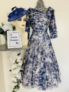 Mother of Bride Groom Condici Size 14 Blue Tea Length 48" Dress & Fascinator - Picture 1 of 13