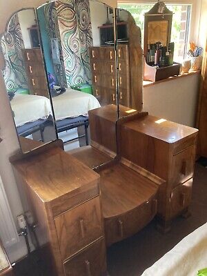 Antique Art Deco Burr Walnut  Bedroom Set - Wardrobe  Dressing Table Drawers • 100.64£