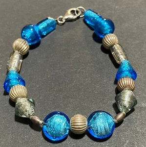 925 Sterling Silver Beaded Bracelet Blue & Clear Foiled Art Glass - Picture 1 of 8