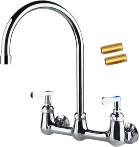 Grifo comercial de montaje en pared 8" centro 8" cuello de cisne caño 2 manijas fregadero de cocina - Imagen 1 de 7