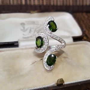 925 Sterling Silver Ring, Genuine Green Diopside Ring, Size L.5 US 6,Adjustable - Picture 1 of 8