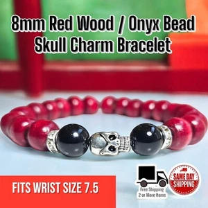 Red Wood & Black Onyx Sleek Skull Design 8mm Beaded Bracelet Wrist Size 7.5 - Picture 1 of 3