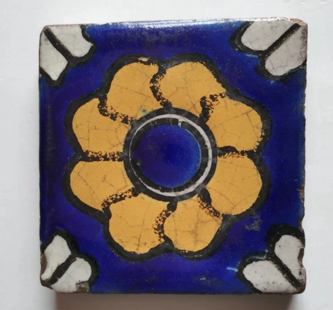 Antique Vintage Yellow White Blue Flower Art Tile Terracotta Art Pottery Vintage Cover
