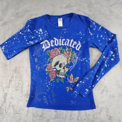 Camisa Ed Hardy Niñas Grande Azul Manga Larga Gráfico Estampado Calavera Dedicada Informal Foto 1 de 4