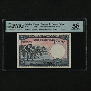 1948-52 Belgian Congo Banque du Congo Belge 10 Francs Pick#14E PMG 58 UNC - Picture 1 of 4