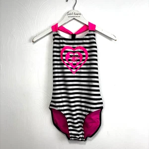 New One Piece Swimsuit Girls Pink & Black Striped Heart Sports Wear Kids Size XL - Picture 1 of 8