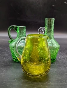 Lot/3 Vintage Green Crackle Glass Cruet Pitcher Creamer Hand Blown 3"-5" - Picture 1 of 10