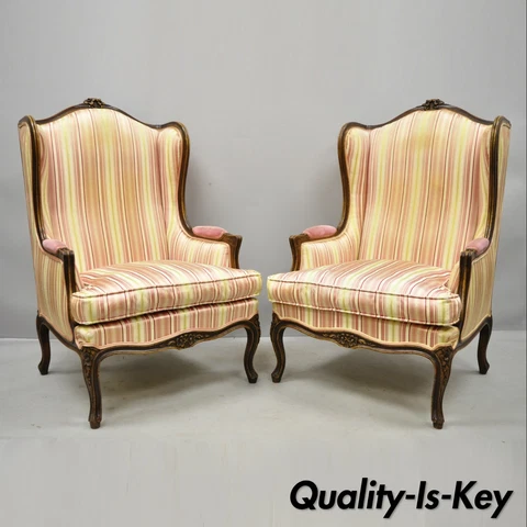 Pair of Vintage French Louis XV Style Wingback Bergere Armchairs, W & J Sloane Cover