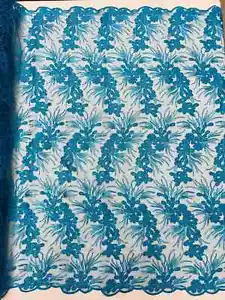 Floral Plant Cluster Fabric - Metallic Turquoise Embroidered Floral Lace By Yard - Picture 1 of 4