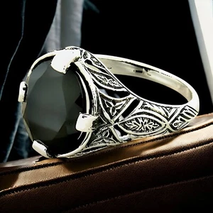 VINTAGE STYLE 3.3 Ct BLACK AGATE 925 SOLID STERLING SILVER FILIGREE RING #1087 - Picture 1 of 6