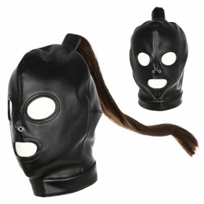 Arnés para cabeza de gimp unisex de cuero PU para adultos arnés capucha máscara de fiesta pelucas cola de caballo Foto 1 de 4