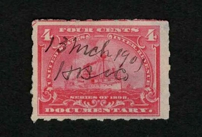 US Revenue 1898 R166 Battleship Documentary Tax 4c Corner Arrow Used Thin VF - Image 1 of 2