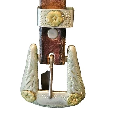 Leather Belt And Buckle Goldtone Daisy Western Cowboy/Girl Solid Nickel & Silver - Image 1 of 4
