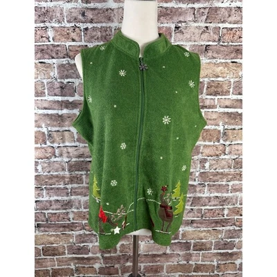 Зеленый флисовый рождественский жилет Christopher Banks с оленями снежинками деревьями размер XL - Изображение 1 из 4