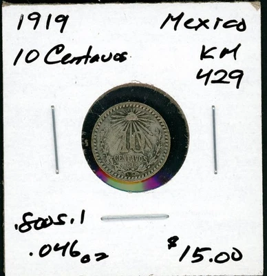 MEXICO 1919 10 CENTAVOS SILVER COIN - KM# 429 AS SHOWN - Image 1 of 2