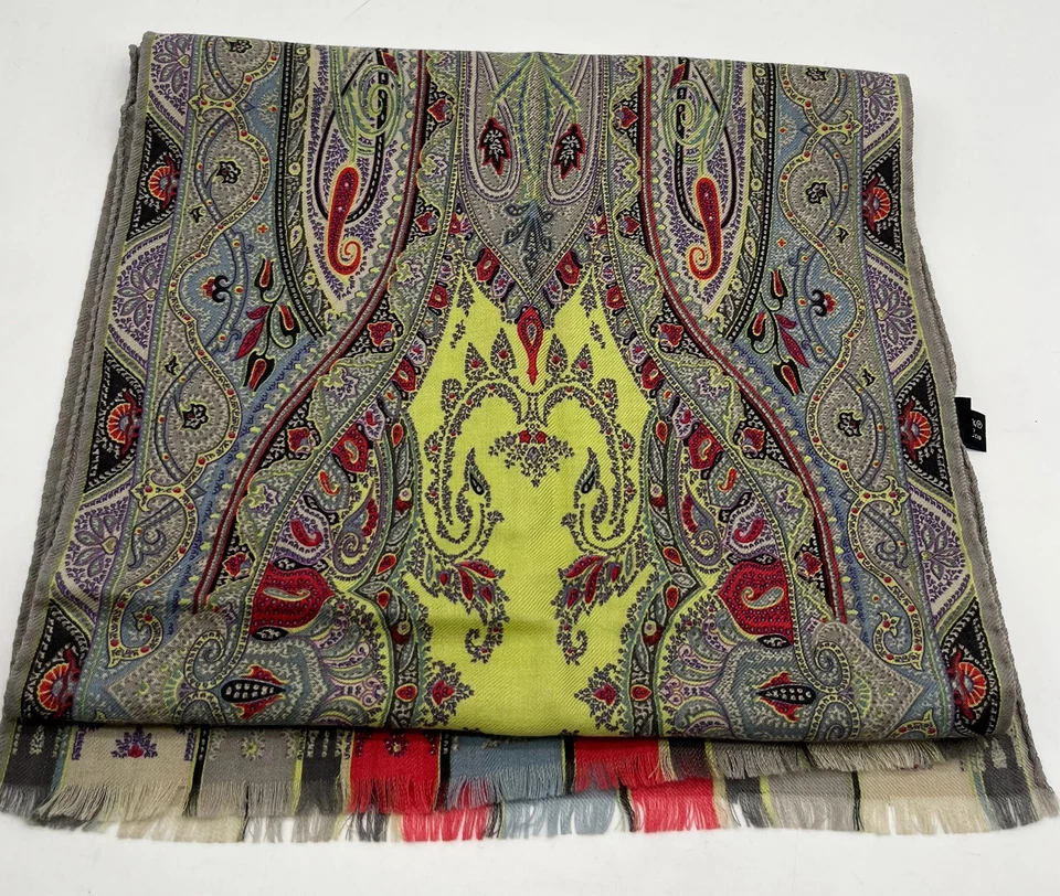 Bufanda rectangular Etro seda/lana estampado cachemir gris borde deshilachado O/S Foto 1 de 3