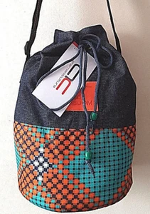Borsa a mano donna africana AsoOke tessuto e denim blu etnica con coulisse - Foto 1 di 3