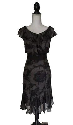 Nuevo Vestido Milly para Mujer 10 Negro Seda Transparente Gasa Floral Midi Manga Corta Volantes Foto 1 de 4