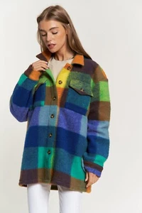 NEW DAVI & DANI SHACKET jacket SHIRT SM-3X vibrant fuzzy plaid western preppy - Picture 1 of 18