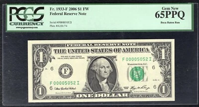 FR. 1933-F 2006 $1 FW FRN ATLANTA, GA “LOW SERIAL #5052” PCGS GEM UNC-65PPQ - Image 1 of 2