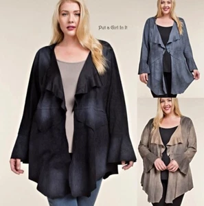 VOCAL Womens PLUS SIZE BLACK BLUE STONE GRAY FAUX SUEDE CARDIGAN JACKET 1X 2X 3X - Picture 1 of 12