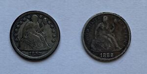 Two (2) Liberty Seated 90% Silver Dime: 1857, 1888